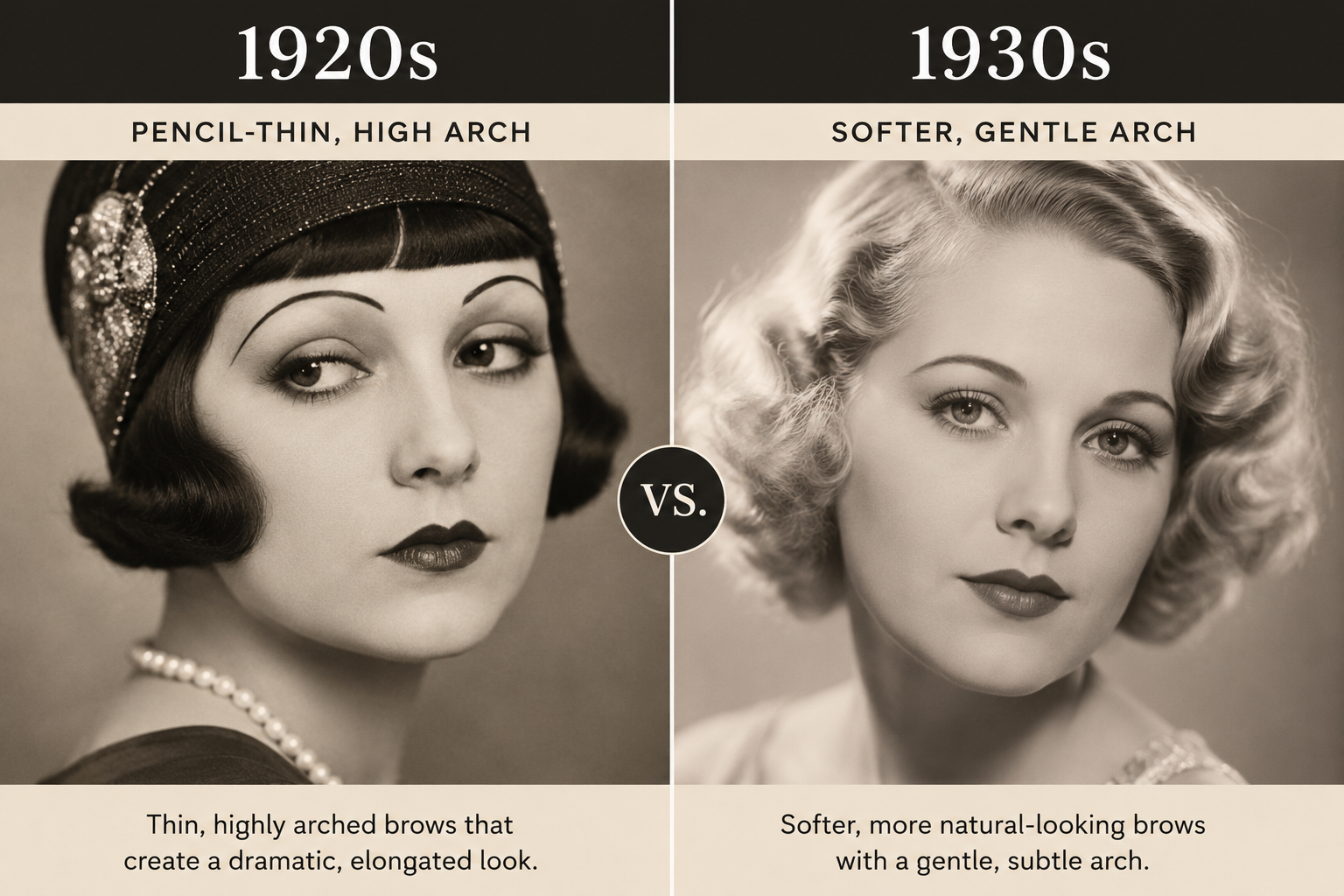 Comparison of 1920s pencil-thin eyebrows and softer 1930s eyebrow styles.